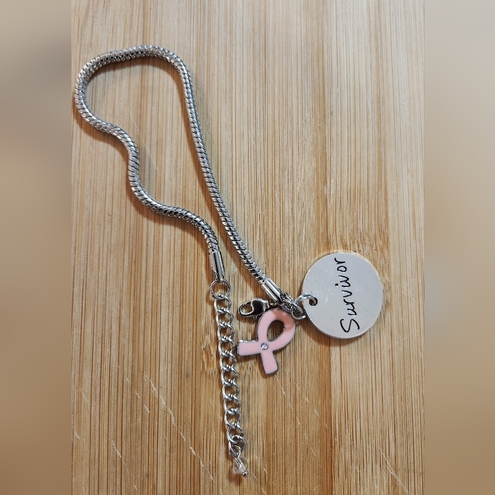 Hand Crafted Bracelet with Breast Cancer and Survivor Charms Silver Chain Pink